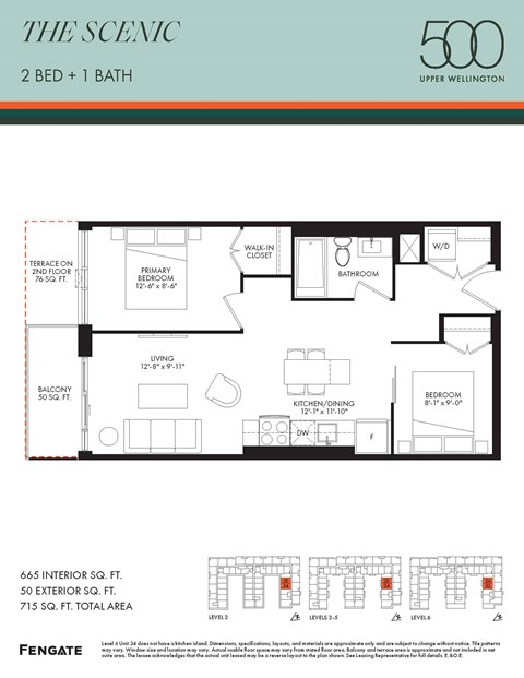 Floor plan for 2 beds, 1 bath, 665 sqft